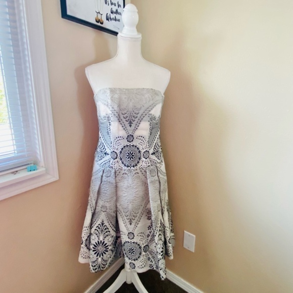 Carolina Herrera printed gauze strapless fit n flare dress, Sz. 8